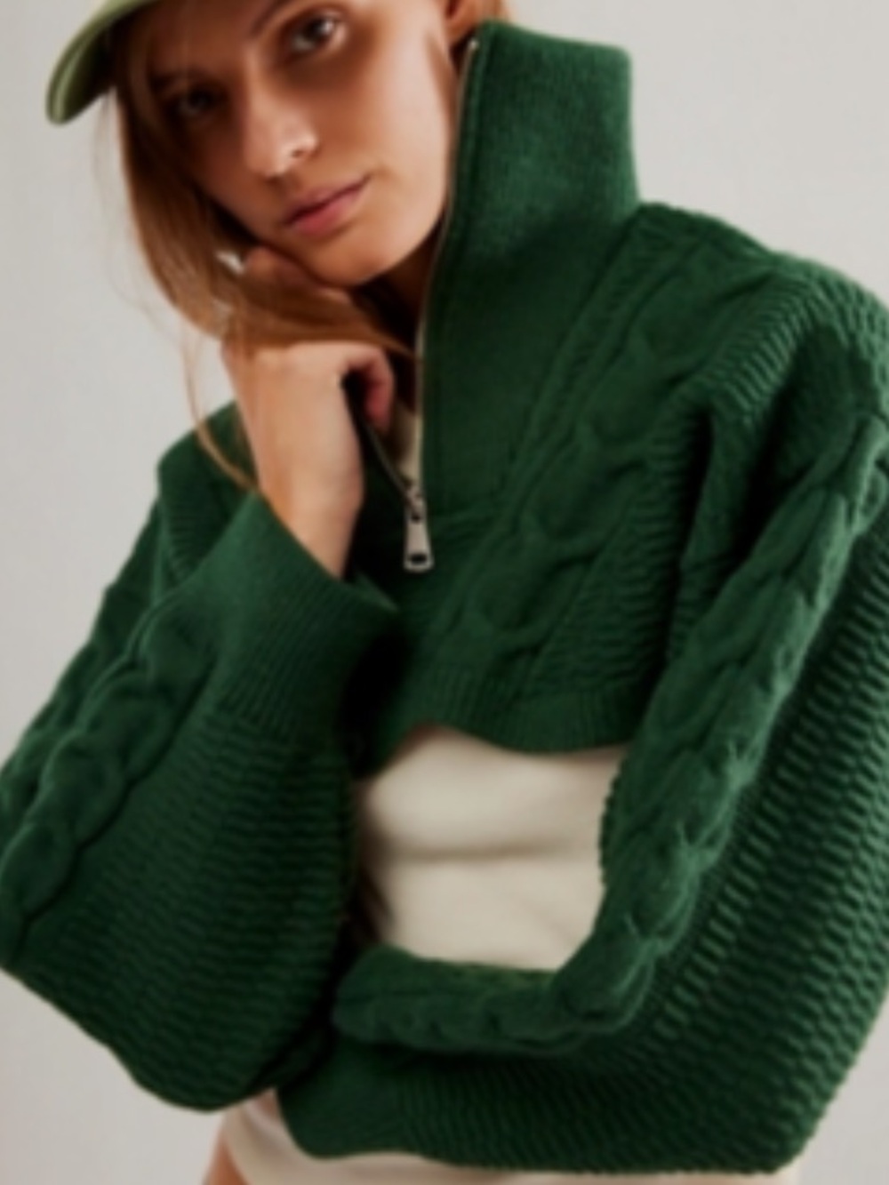 Free People Forest Green Cable-Knit Half-Zip Cropped Sweater